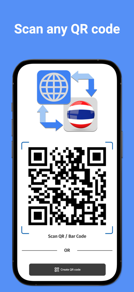 タイ国旗のアイコンでQRコードをスキャンおよび作成するためのThaiGoアプリインターフェース
