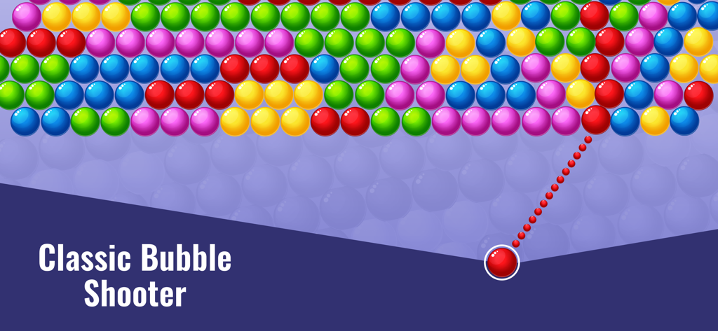 Bubble Shooter: Pop Bubble - Klassischer Bubble-Shooter-Spielbildschirm mit bunten Blasen und einer roten Ziellinie