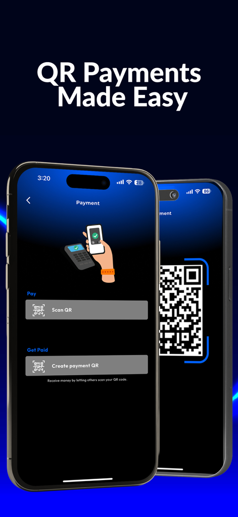 Blue Wallet Fintech - Interfaz de la aplicación móvil Blue Wallet Fintech que muestra opciones de pago y recepción mediante códigos QR.