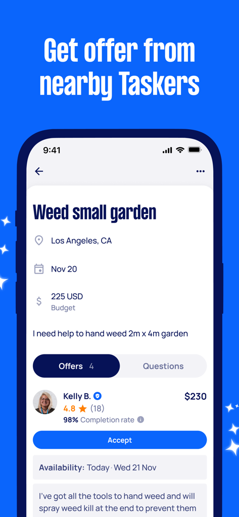 Airtasker - Airtasker mobile app interface displaying a gardening task post and a service offer from a verified Tasker.
