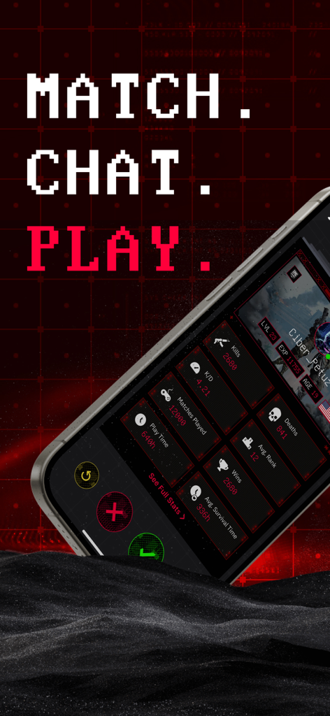 Interfaz de aplicación móvil temática cyberpunk que muestra estadísticas del jugador como ratio K/D y victorias totales para el battle royale Off The Grid.