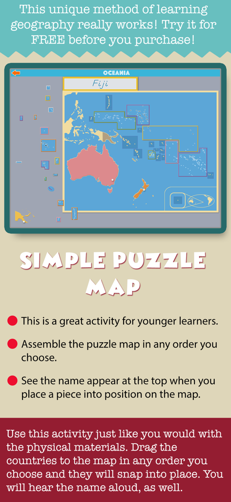 Montessori Ultimate Geography - Simple puzzle map of Oceania in the Montessori Ultimate Geography app