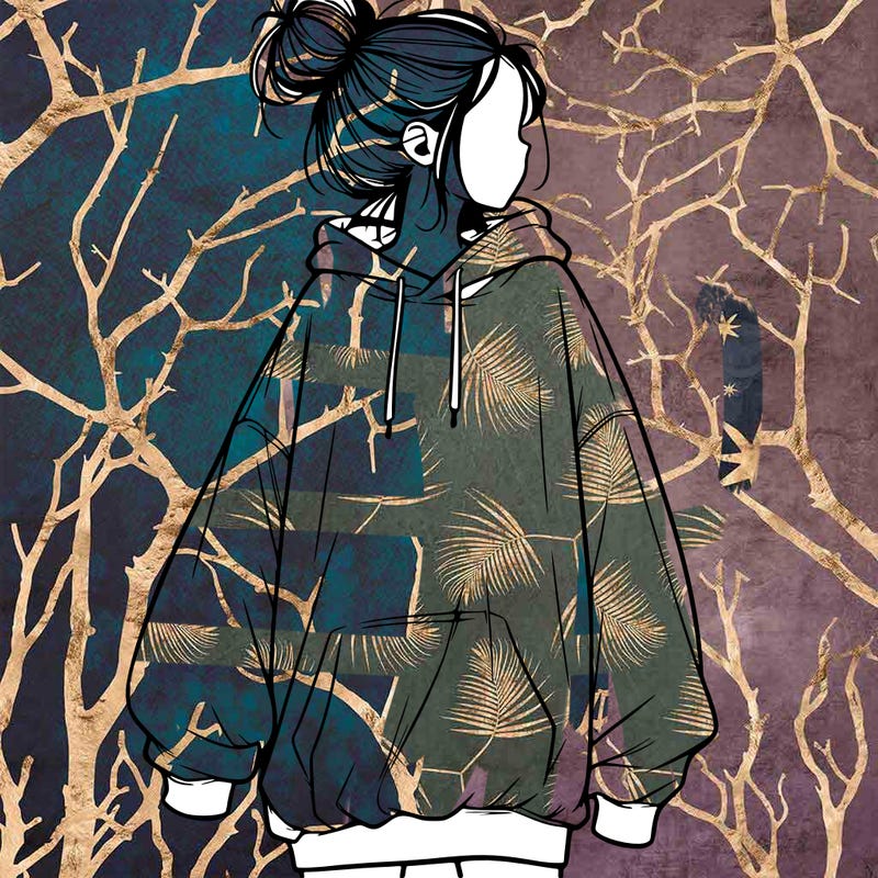 realistic girl with a oversized sweatshirt on and a bun