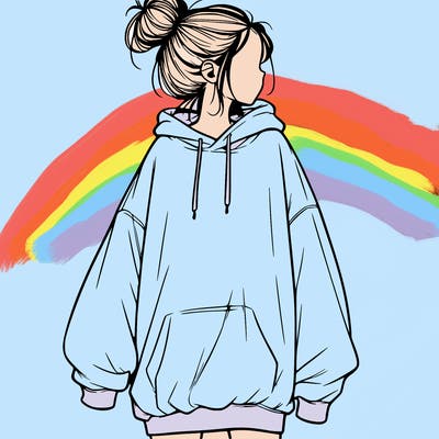 realistic girl with a oversized sweatshirt on and a bun