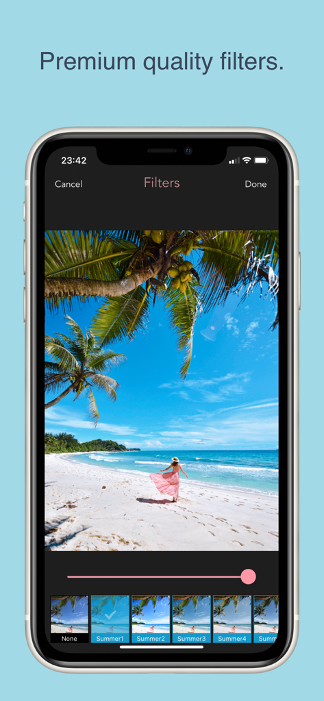 @izkiz - The @izkiz app interface showing a tropical beach photo being edited with premium travel filters.
