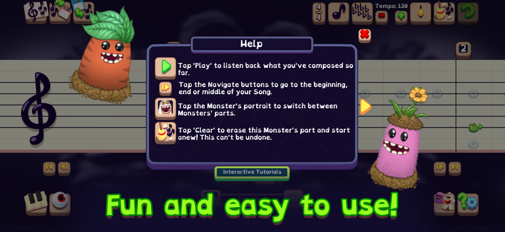 My Singing Monsters Composer - Help menu in the My Singing Monsters Composer app showing gameplay instructions and musical monsters on a staff