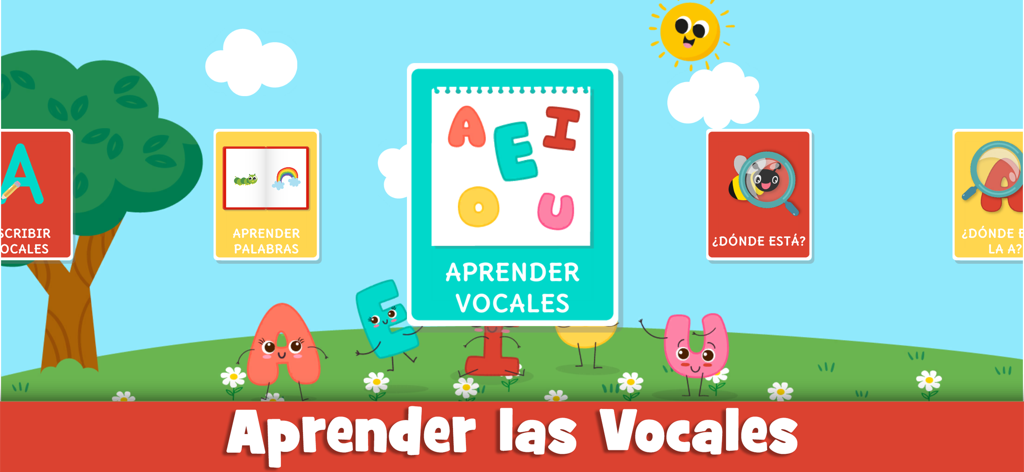 Pantalla del menú principal de la aplicación educativa de vocales en español para niños con varios juegos de aprendizaje
