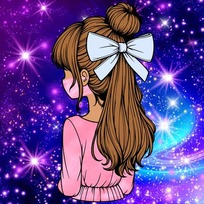 realistic girl  with hip length hair a bun and a big bow on the back of head