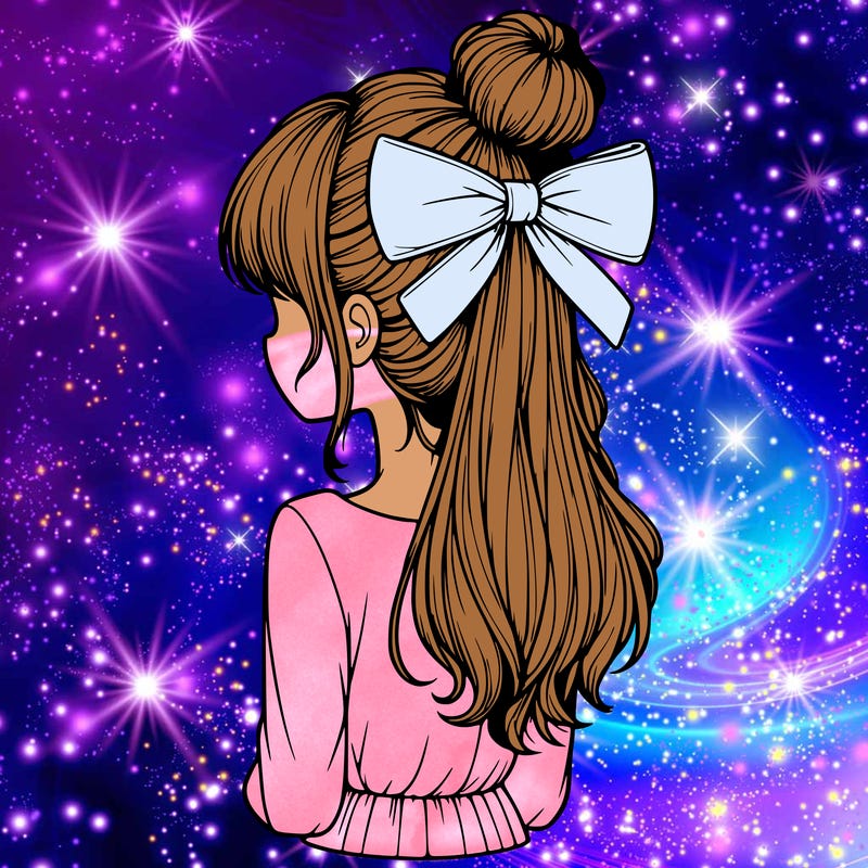 realistic girl  with hip length hair a bun and a big bow on the back of head