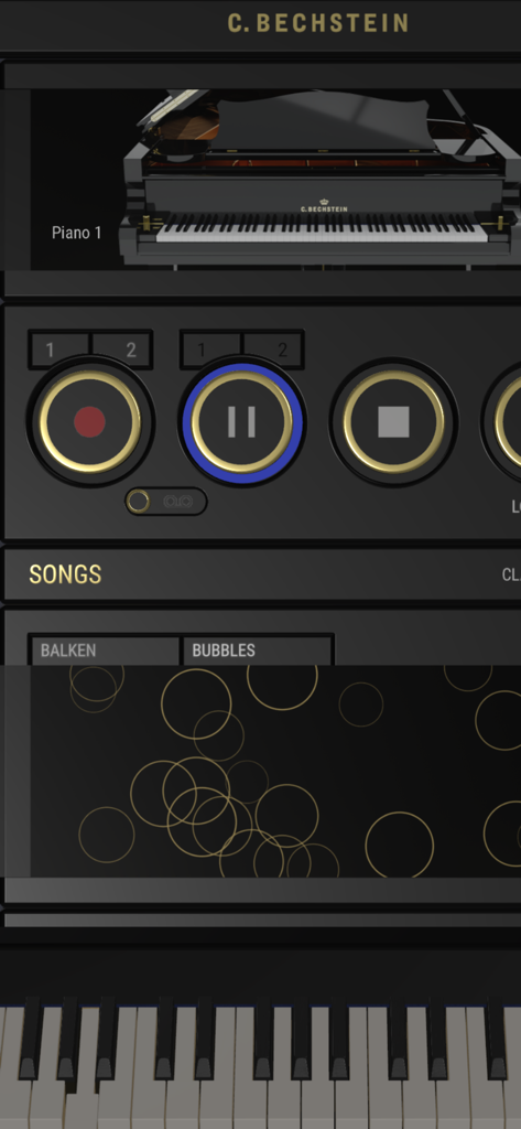 C. BECHSTEIN VARIO - C. Bechstein Vario app interface with a 3D grand piano and professional recording controls