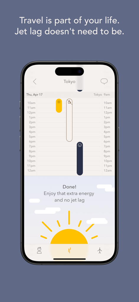 The Timeshifter app interface displaying a personalized circadian schedule for Tokyo to avoid jet lag symptoms.