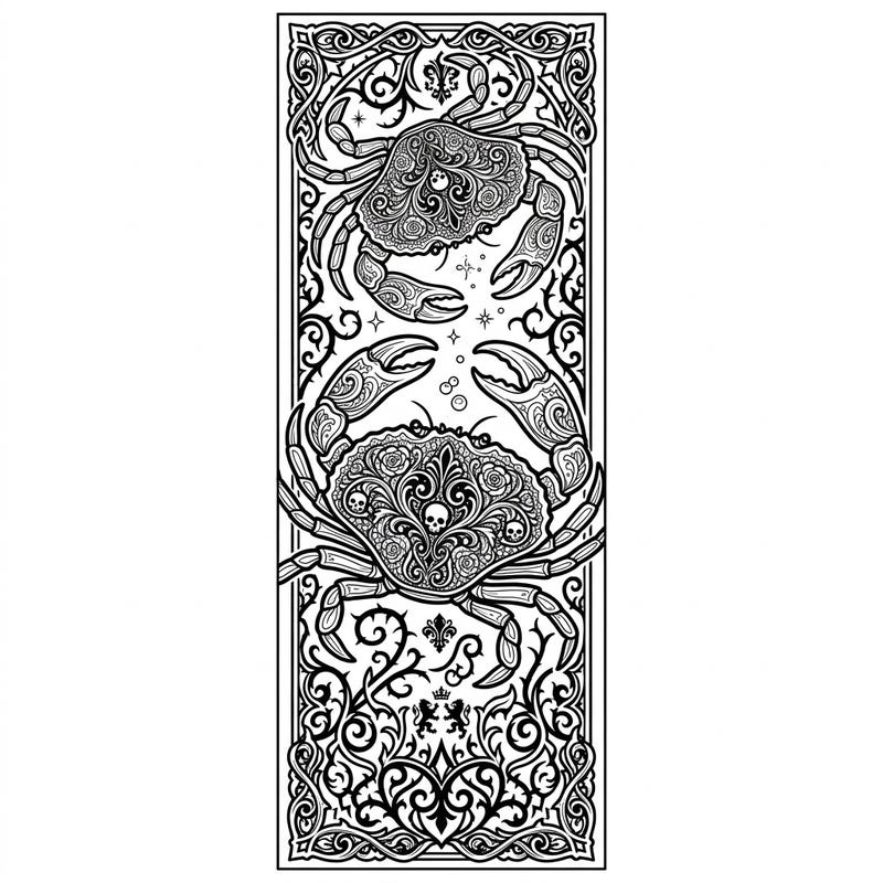 Unleash your creativity with this unique Gothic Crabs bookmark coloring page, featuring two intricately detailed crustaceans framed by dark, elegant patterns. Perfect for adding a touch of mysterious charm to your reading adventures, this design offers a rich and engaging coloring experience.