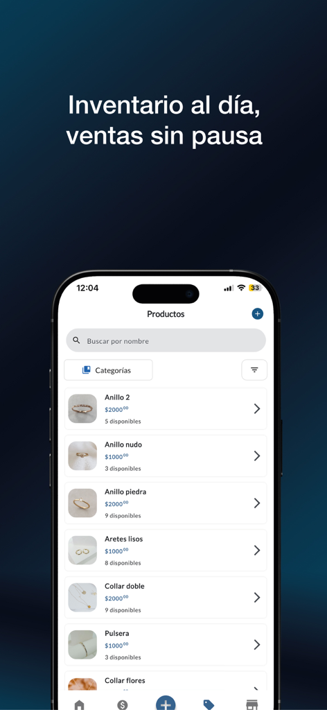 Tela do aplicativo Savi mostrando um catálogo de produtos de joias com preços e níveis de estoque
