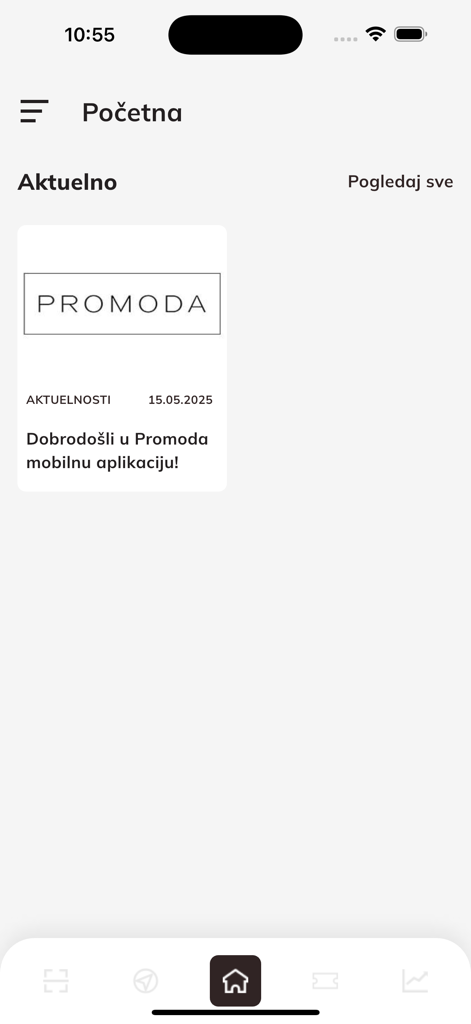 La pantalla de inicio de la aplicación móvil Promoda mostrando un mensaje de bienvenida para comprar ropa de hombre.