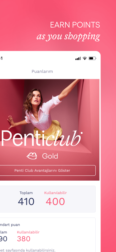 Penti: İç Giyim ve Ev Giyim - Bildschirm der Penti App, der Treuepunkte und den Penticlub Gold-Mitgliedschaftsstatus anzeigt.