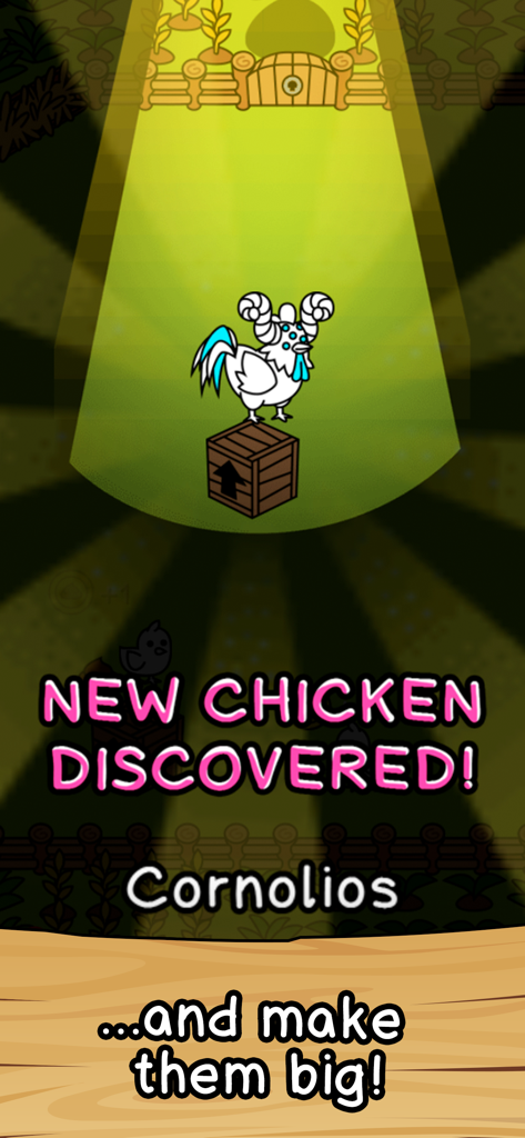 Chicken Evolution | Merge - Discovery screen for a new mutant chicken named Cornolios in the Chicken Evolution Merge game.