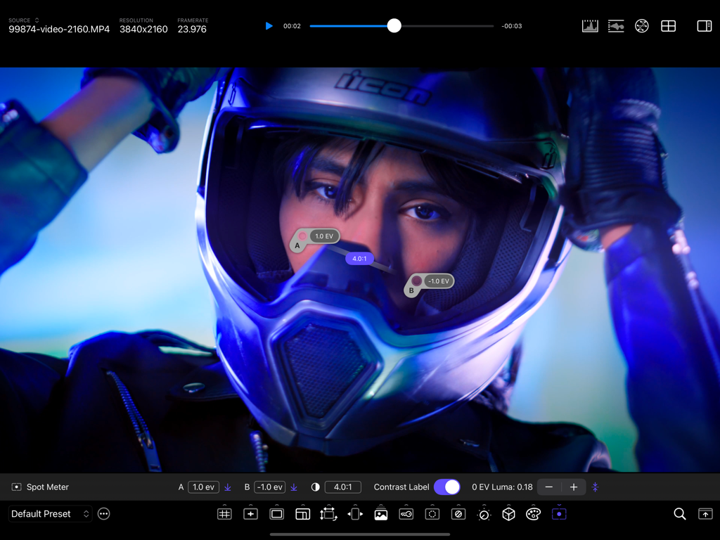 CineMon - CineMon app interface showing professional spot meter probes and contrast ratio monitoring on a high resolution video frame