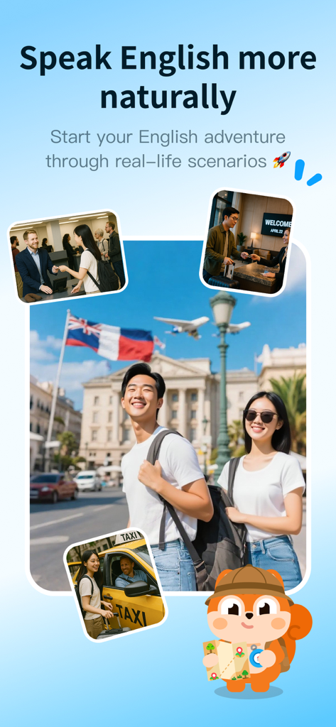 Lingtas – Real World English. - Lingtas app English adventure showing real-life communication scenarios and city exploration.