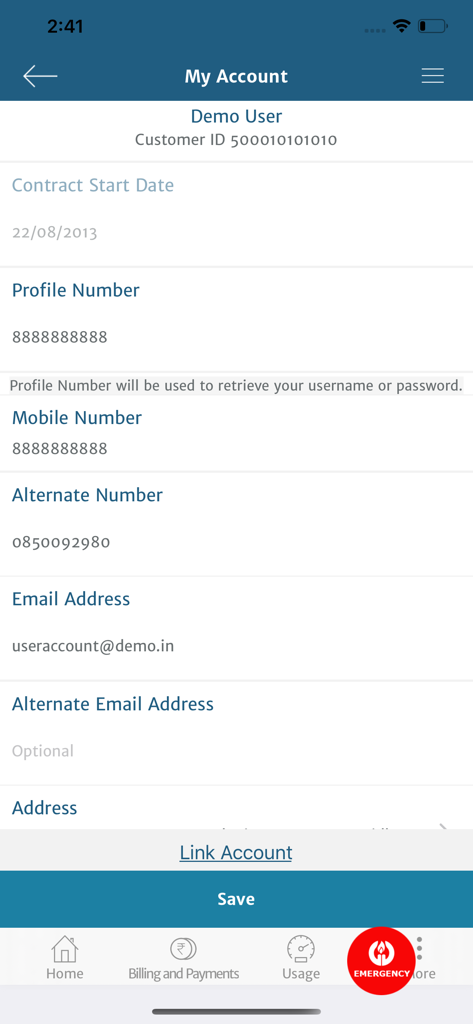 My Account screen in the Gujarat Gas Limited mobile app displaying user profile details