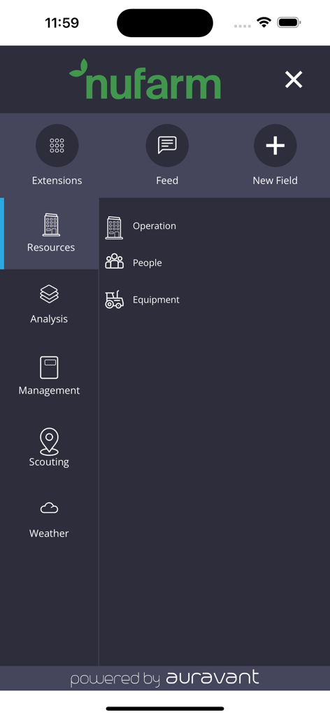 Nufarm - Nufarm app side menu showing options for resources analysis and scouting