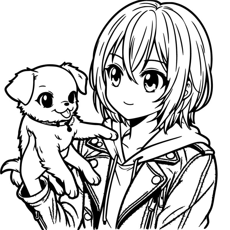 anime girl with shoulder length hair wearing a leather jacket playing with a chihuahua