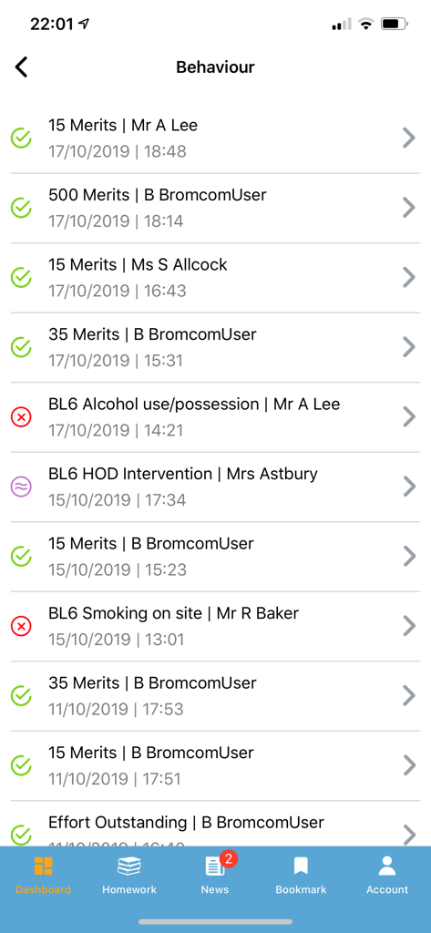 Bromcom Student App - A list of student behaviour records including merits and school incidents in the Bromcom Student App