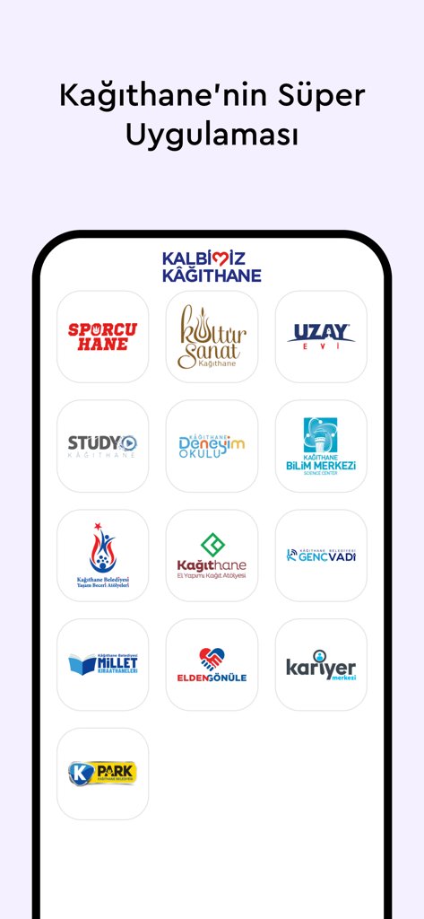 Kalbimiz Kağıthane - Dashboard of the Kalbimiz Kagithane super app showing a grid of various municipal service icons including sports culture and parking