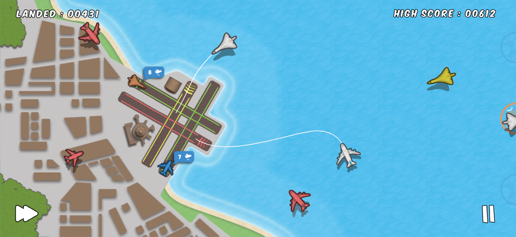 Top down view of air traffic control gameplay showing planes flying over the ocean toward a coastal airport with landing paths.