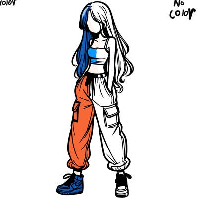 girl in baggy pants crop top and long hair