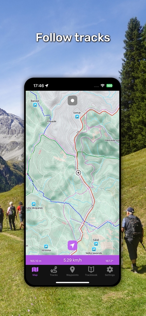 GPX Viewer PRO - Interface do aplicativo GPX Viewer PRO mostrando trilhas de caminhada topográficas e dados de navegação em tempo real