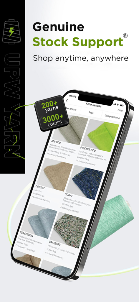 UPW - Écran mobile de l'application UPW montrant un catalogue de fils durables et d'options de couleurs pour les professionnels de la mode.