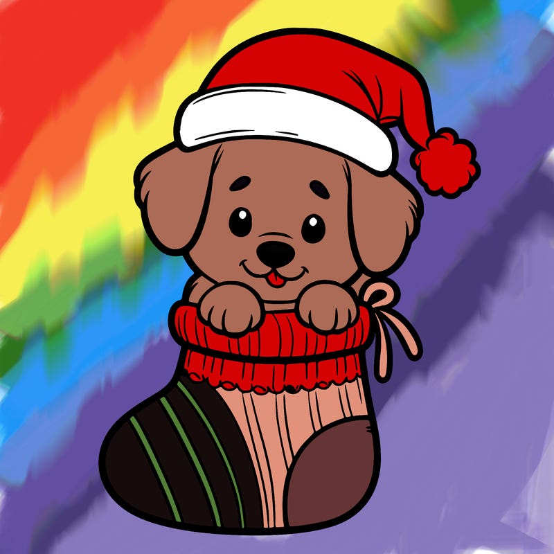 cute puppy wearing santa hat in socking