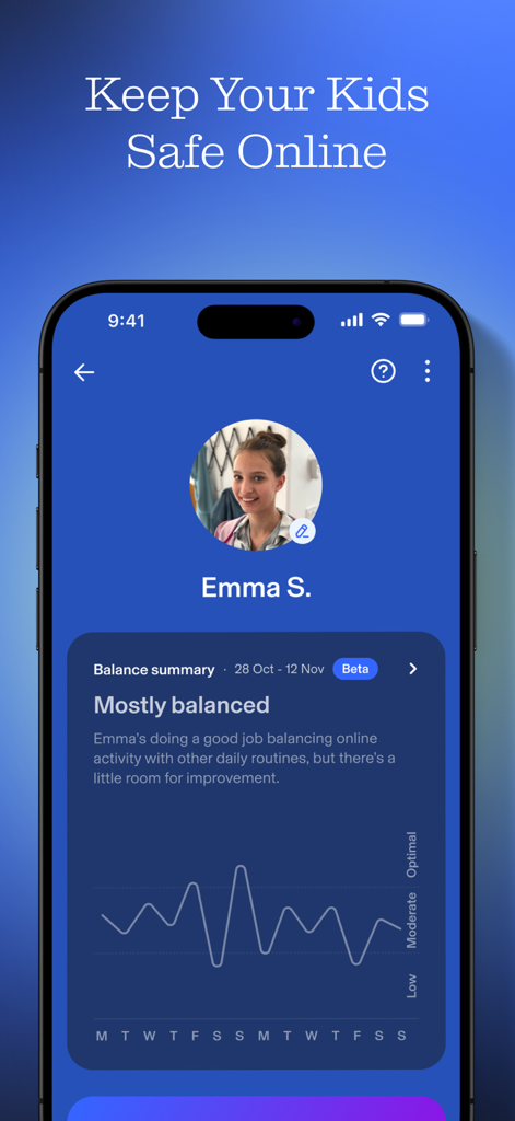Aura app dashboard showing parental controls and online activity balance for a child.