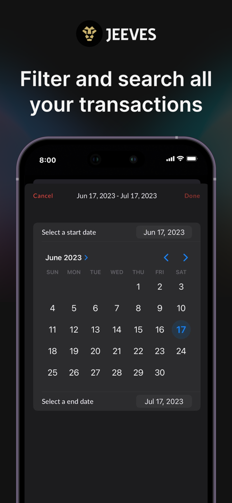 Jeeves Mobile app interface displaying a calendar to filter business transactions by a specific date range.