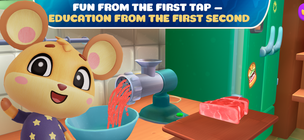 Burger Maker: Kitchen Game FF3 - A cute cartoon mouse using a meat grinder to prepare ingredients in the Burger Maker Kitchen Game app