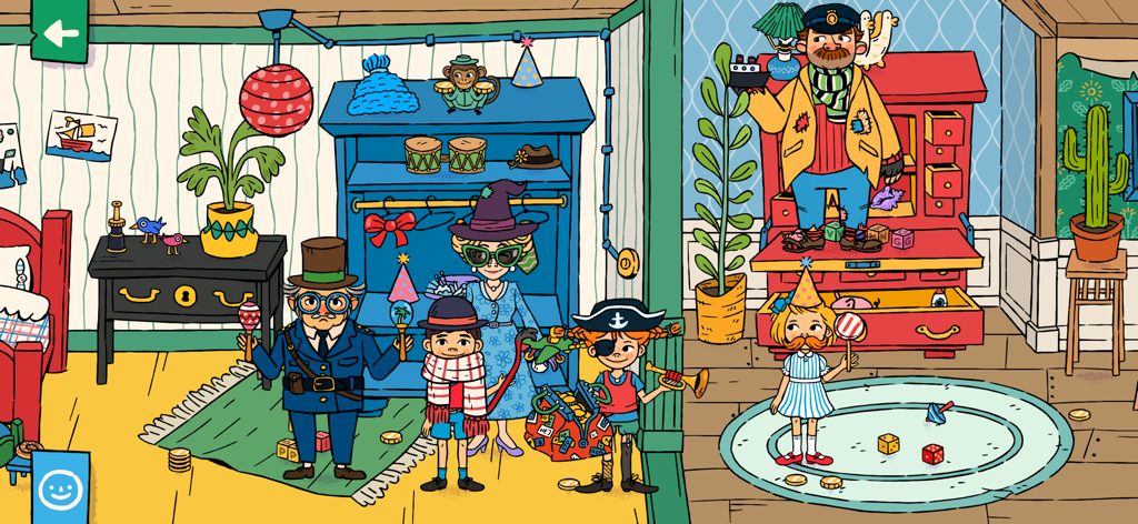 World of Pippi Longstocking - Pippi Longstocking and her friends playing dress up with various costumes in a colorful room inside Villa Villekulla.