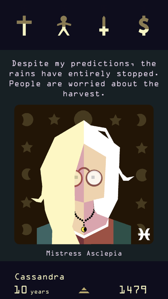 A dialogue screen from Reigns Her Majesty featuring character Mistress Asclepia and kingdom status icons