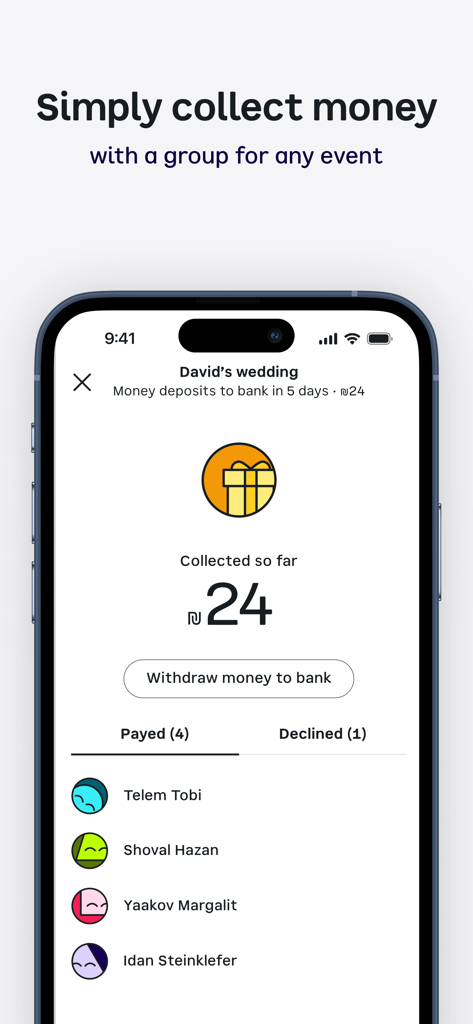 Interface of the bit app showing a group money collection feature for David's wedding with a list of contributors