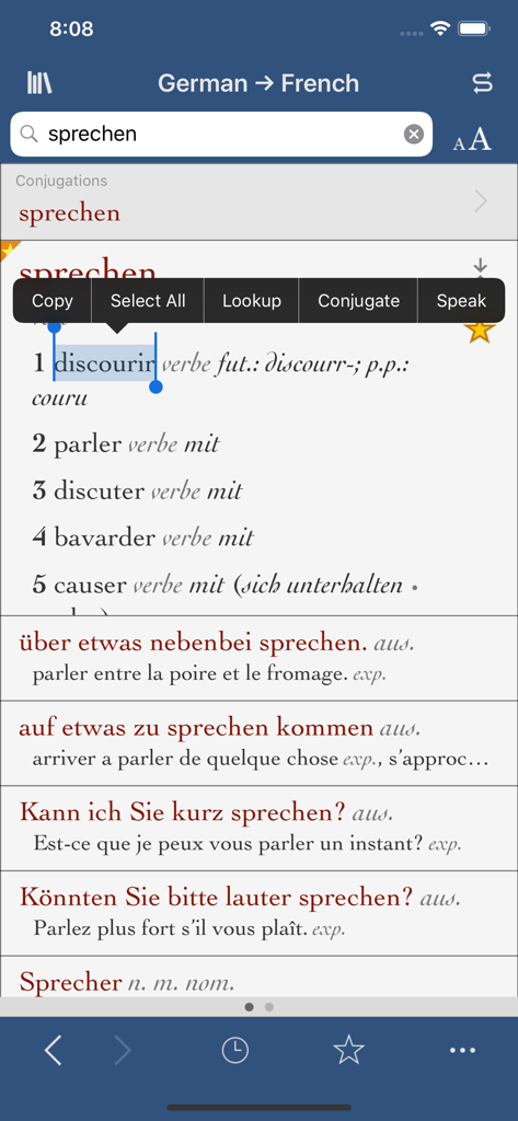 Screenshot der Ultralingua Französisch-Deutsch Wörterbuch-App, die Übersetzungen für das deutsche Wort sprechen mit einem Kontextmenü für Aktionen wie konjugieren und sprechen anzeigt.