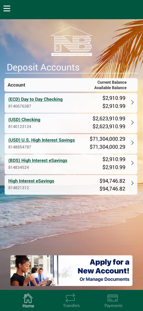 SKNANB MoBanking deposit accounts screen displaying checking and savings balances