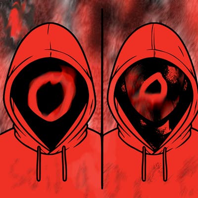 a person with a hoodie and no face, the drawing is split in 2