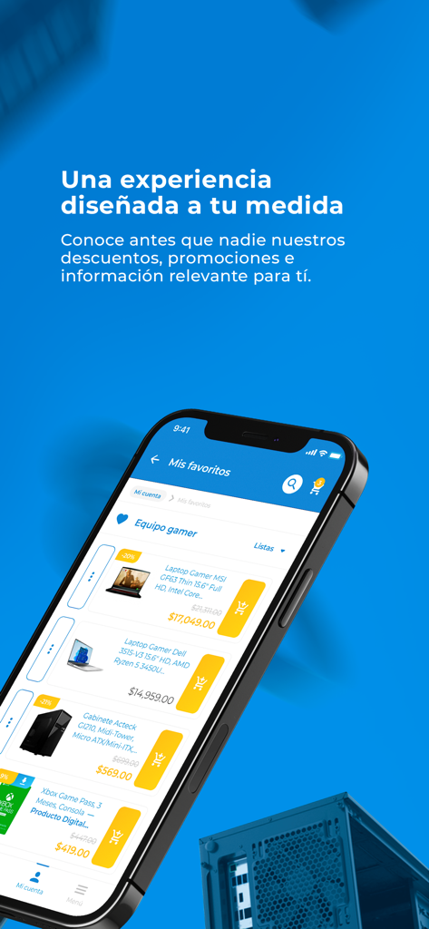 Cyberpuerta mobile app displaying a personalized favorites list of gaming laptops and PC components in Spanish