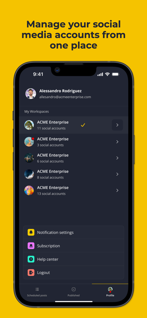 SocialBee app interface showing a list of different workspaces for managing multiple social media accounts simultaneously