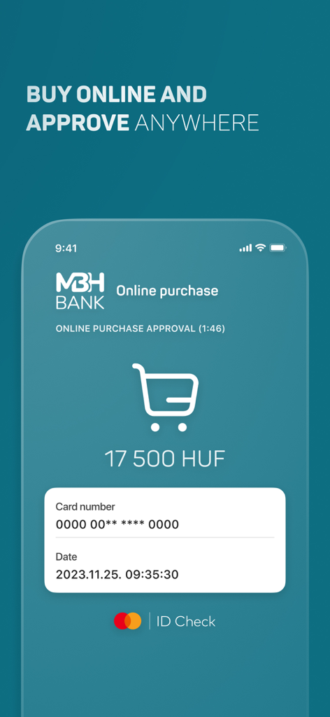 Interfaz móvil de la aplicación MBH Bank para la aprobación de compras en línea con 3DSecure que muestra los detalles de una transacción de 17.500 HUF