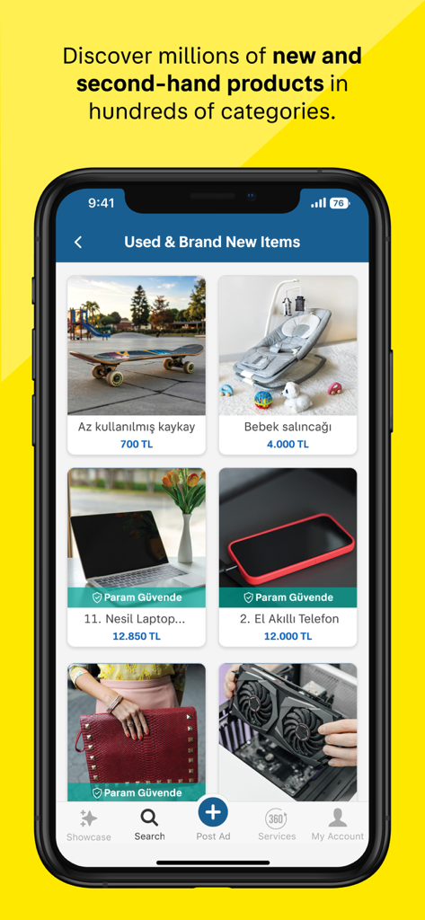 sahibinden #AlSatKiralaKesfet - Una pantalla móvil que muestra la categoría de artículos usados y nuevos en sahibinden con varios productos como un monopatín, portátil y smartphone listados con precios en Lira Turca.