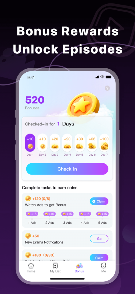 A mobile interface from DramaTime app showing daily check-in rewards and tasks to earn coins for unlocking episodes.