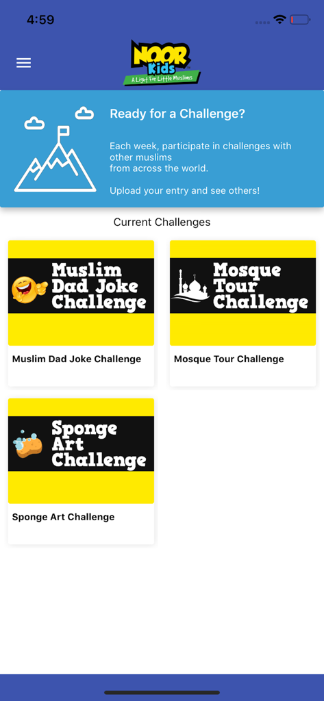 Noor Kids - A screenshot of the Noor Kids app showing various interactive challenges for children like the Mosque Tour and Muslim Dad Joke Challenge.