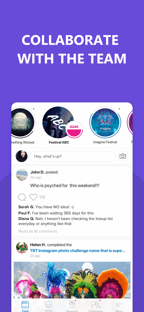 Interface of the SocialLadder app showing a social feed for brand ambassadors to collaborate on festival tasks
