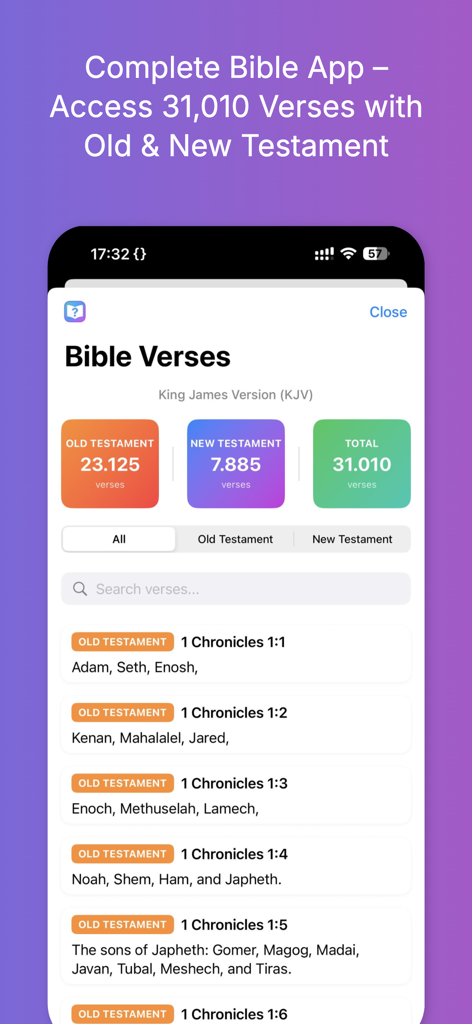 Holy Quiz & Study: iBibleVerse - Ein mobiler App-Bildschirm, der eine Liste von über 31.000 Bibelversen anzeigt, die nach Altem und Neuem Testament kategorisiert sind.