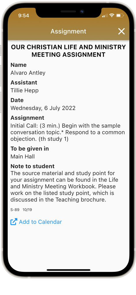 Detailed view of a meeting assignment within the NW Publisher app.
